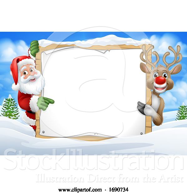 Vector Illustration of Santa Claus and Reindeer Christmas Snow Scene Sign