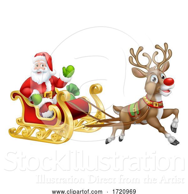 Vector Illustration of Santa Claus Christmas Reindeer Sleigh Sled
