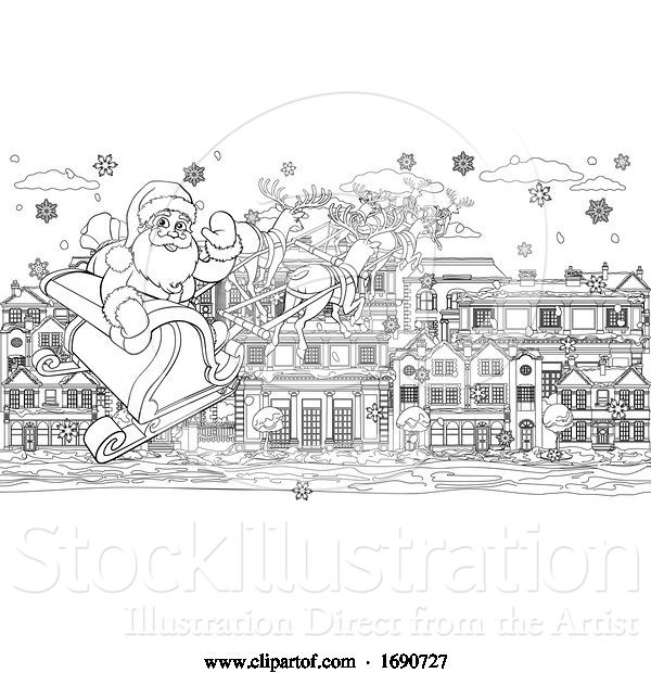 Vector Illustration of Santa Claus Christmas Street Scene Coloring Page