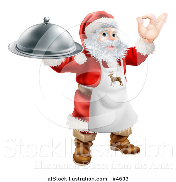 Vector Illustration of Santa Claus Gesturing Ok, Wearing an Apron and Holding a Food Platter