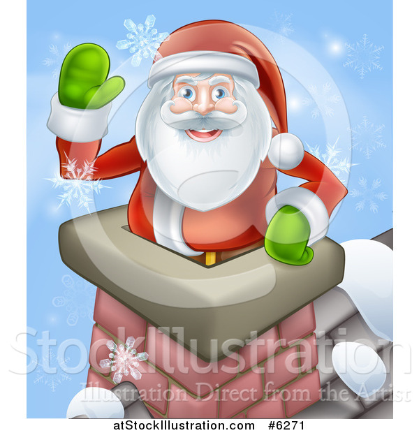 Vector Illustration of Santa Claus in a Roof Top Chimney, Smiling and Waving on Christmas Eve, with Snowflakes