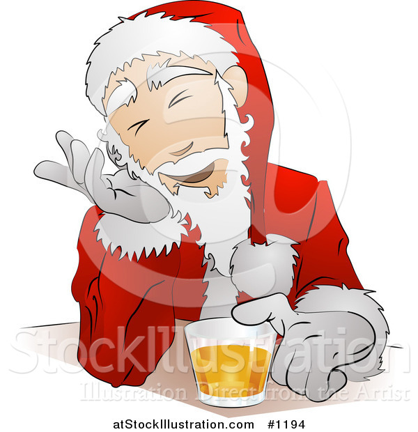 Vector Illustration of Santa Claus in His Uniform and Hat, Giggling While Drinking Beer at a Bar