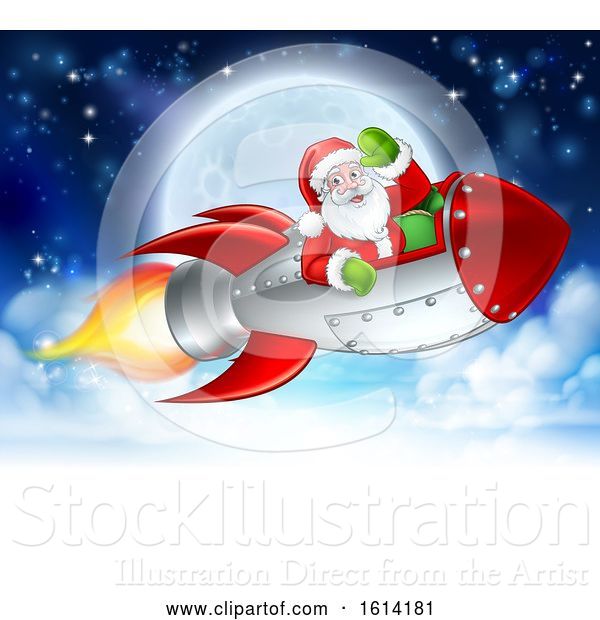 Vector Illustration of Santa Claus in Rocket Christmas Moon