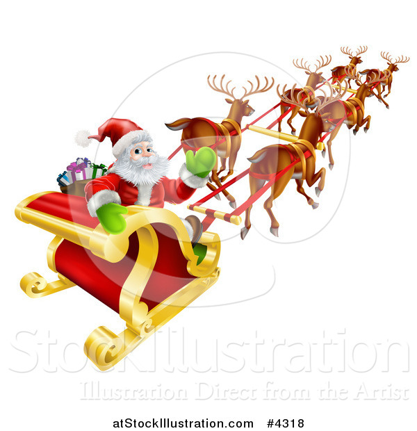Vector Illustration of Santa Claus Looking Back and Waving While Flying in His Magic Reindeer Sleigh
