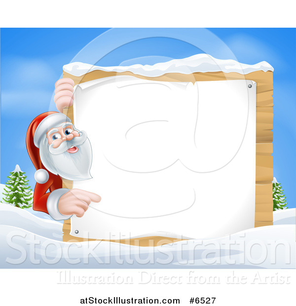 Vector Illustration of Santa Claus Pointing Around a Blank Christmas Sign in the Snow During the Day