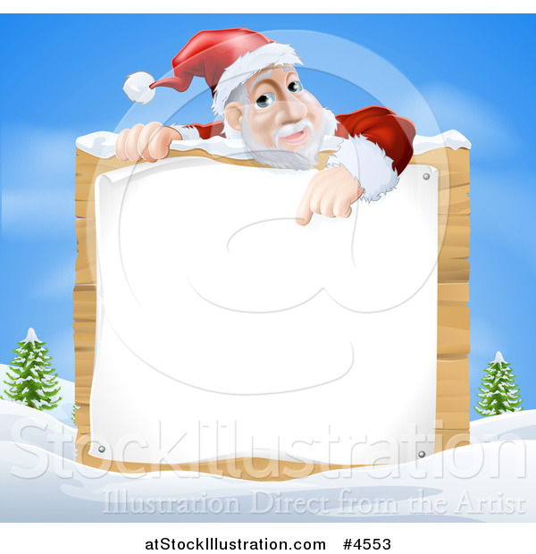 Vector Illustration of Santa Claus Pointing down to a Christmsa Sign in a Winter Landscape