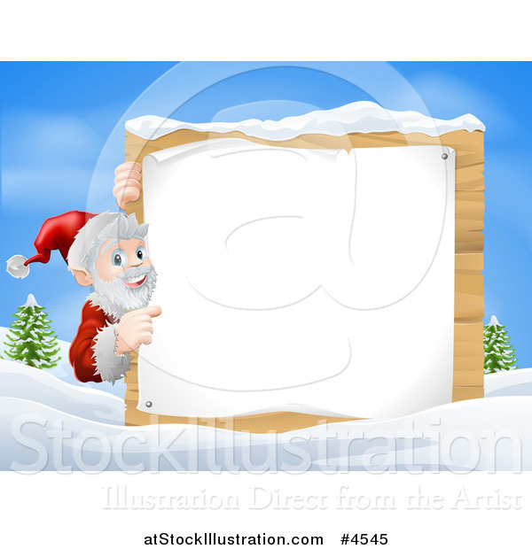 Vector Illustration of Santa Claus Pointing to a Christmsa Sign in the Snow