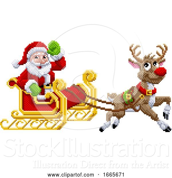 Vector Illustration of Santa Claus Reindeer Sleigh Christmas Pixel Art