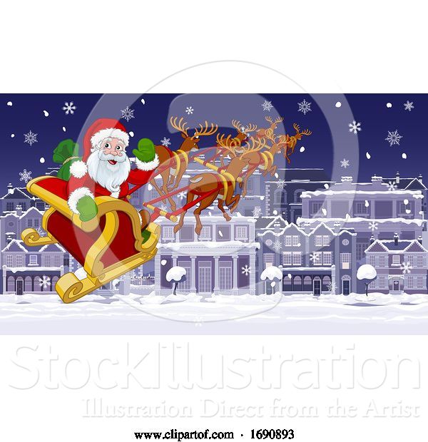 Vector Illustration of Santa Claus Sled Christmas Night Street Snow Scene