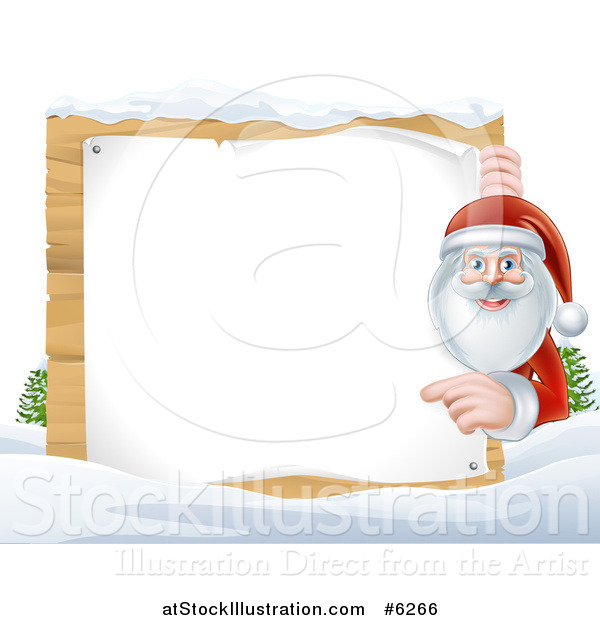 Vector Illustration of Santa Claus Smiling and Pointing Around a Blank Christmas Sign in the Snow