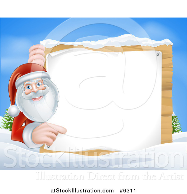 Vector Illustration of Santa Claus Smiling and Pointing Around a Blank Christmas Sign in the Snow During the Day