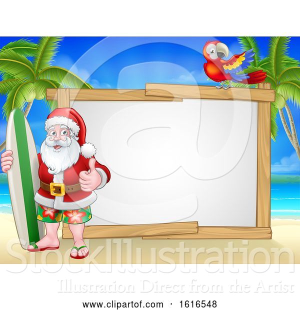 Vector Illustration of Santa Claus Surf Beach Christmas Background Sign