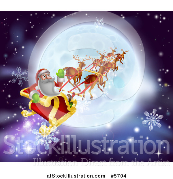 Vector Illustration of Santa Flying His Sleigh over a Moon