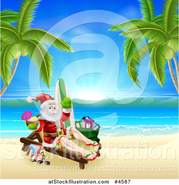 Vector Illustration of Santa Holding a Cocktail and Sun Bathing on a Tropical Beach with Items