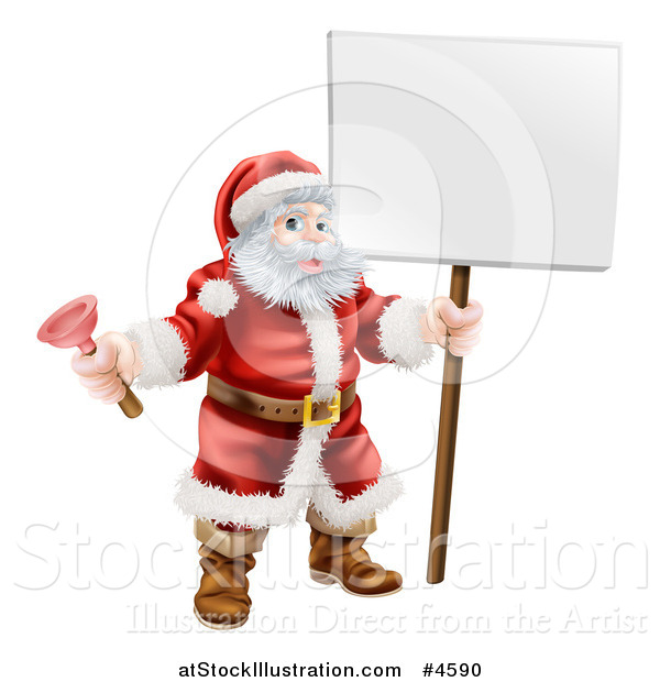 Vector Illustration of Santa Holding a Plunger and a Sign