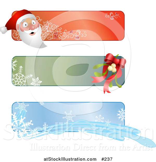 Vector Illustration of Santa, Mistletoe and Snowflake Banners or Labels for Christmas