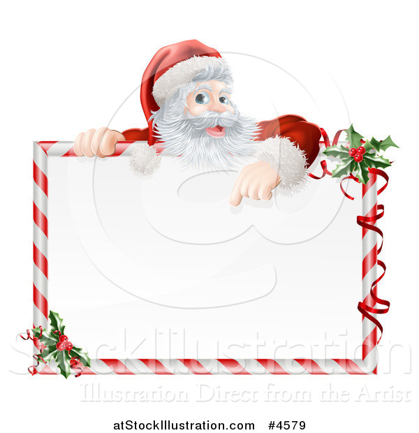 Vector Illustration of Santa Pointing down at a Candy Cane Frame Sign