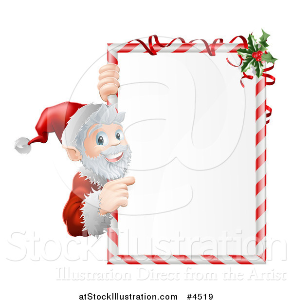 Vector Illustration of Santa Pointing to a Candy Cane Frame Sign