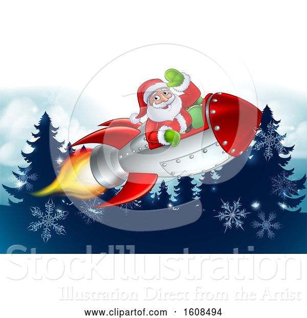 Vector Illustration of Santa Riding in a Rocket over Evergreen Trees and Snowflakes