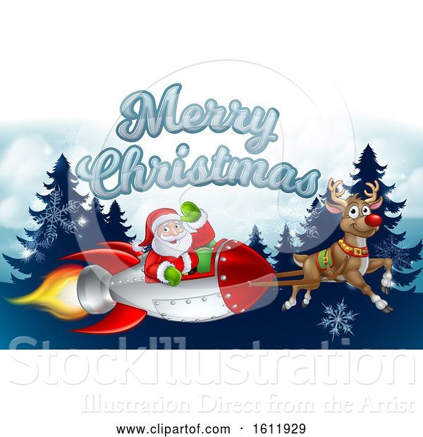 Vector Illustration of Santa Rocket Sleigh Merry Christmas Background