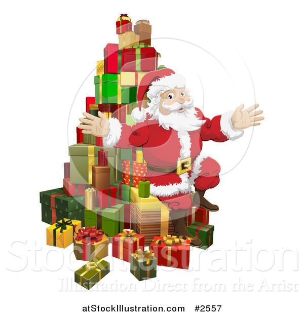 Vector Illustration of Santa Sitting with a Pile of 3d Gifts