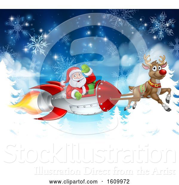 Vector Illustration of Santa Sleigh Rocket Christmas Background