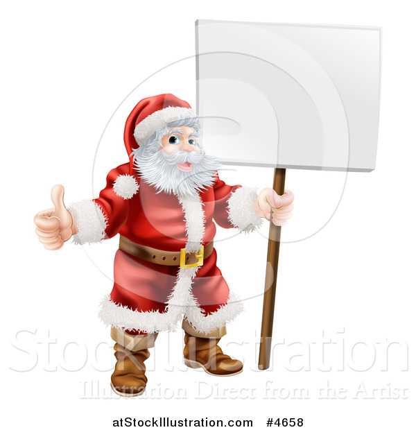 Vector Illustration of Santa Standing, Holding a Thumb up and a Sign