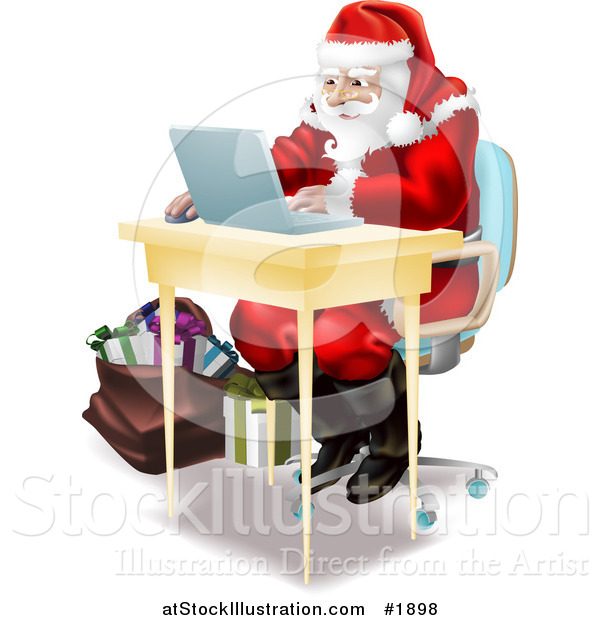 Vector Illustration of Santa Using a Laptop to Do His Christmas Shopping Online