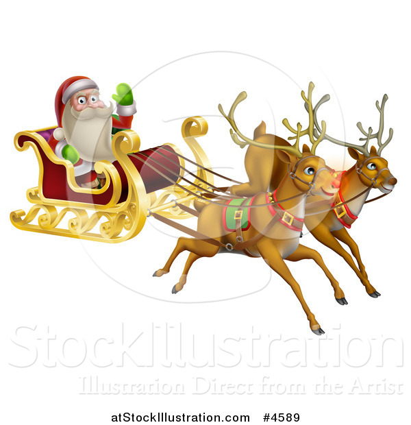 Vector Illustration of Santa Waving and Flying in a Magic Sleigh with Two Reindeer