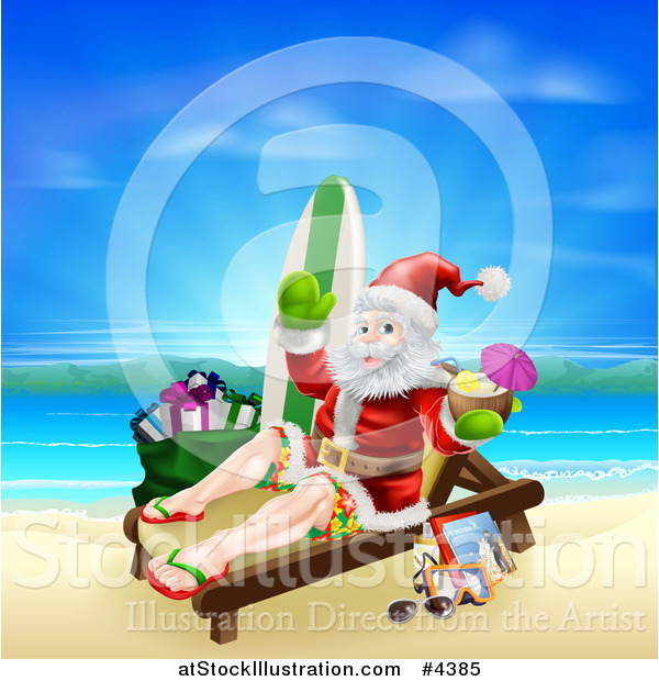 Vector Illustration of Santa Waving and Holding a Cocktail While Lounging on a Beach with Vacation Items