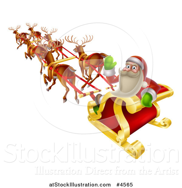Vector Illustration of Santa Waving and Looking Back While Flying in a Reindeer Sleigh