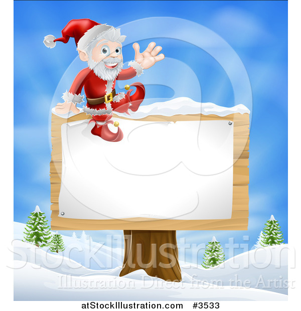 Vector Illustration of Santa Waving and Sitting on a Winter Sign Post