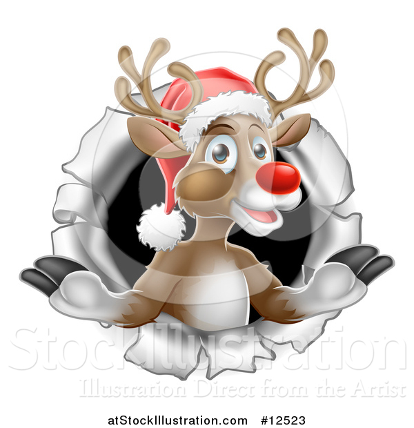 Vector Illustration of Santa's Red Nosed Reindeer Breaking Through a Wall