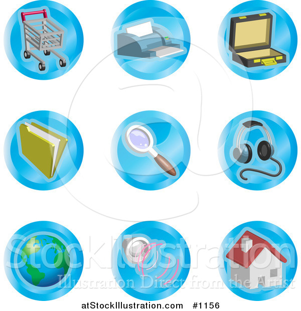 Vector Illustration of Shopping Cart, Printer, Briefcase, File, Magnifying Glass, Headphones, Globe, Speakers and Home Color Icons on a White Background