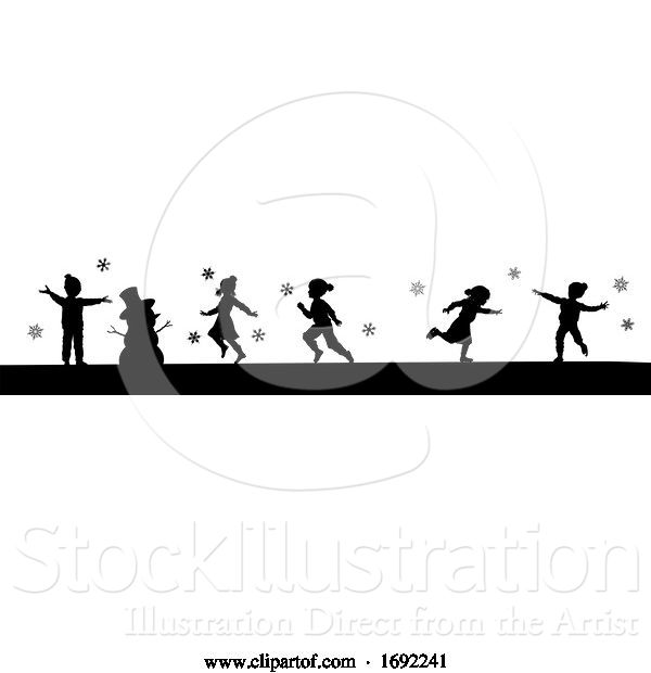Vector Illustration of Silhouette Christmas Children in Winter Playing