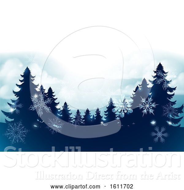 Vector Illustration of Silhouette Christmas Trees Snow Scene Background