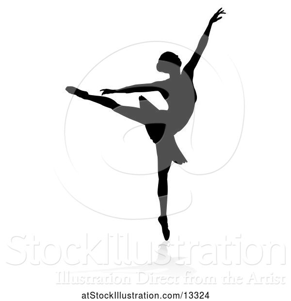 Vector Illustration of Silhouetted Ballerina Dancing with a Reflection or Shadow, on a White Background