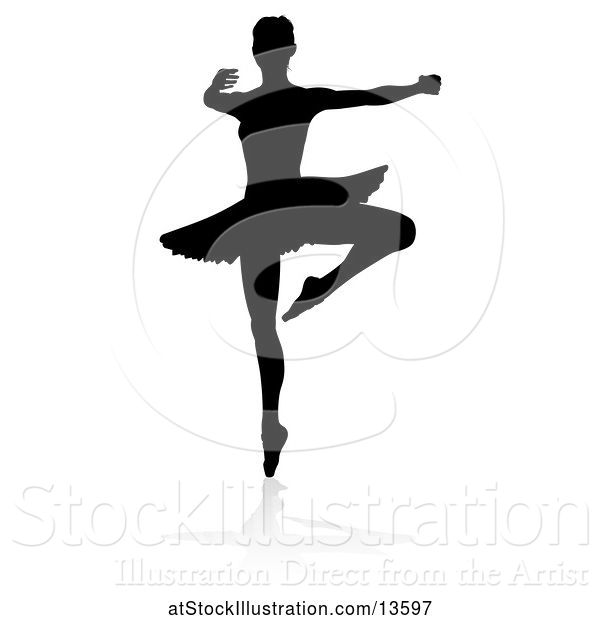 Vector Illustration of Silhouetted Ballerina Dancing with a Reflection or Shadow, on a White Background