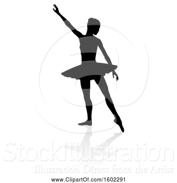 Vector Illustration of Silhouetted Ballerina Dancing, with a Reflection or Shadow, on a White Background