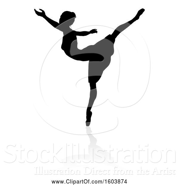 Vector Illustration of Silhouetted Ballerina Dancing, with a Reflection or Shadow, on a White Background