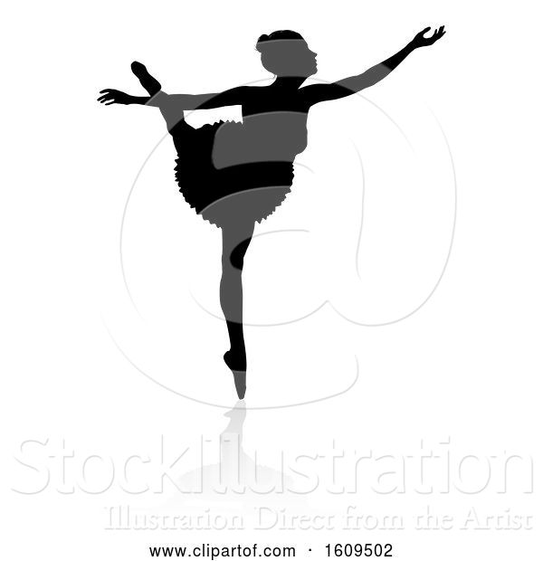 Vector Illustration of Silhouetted Ballerina Dancing, with a Reflection or Shadow, on a White Background