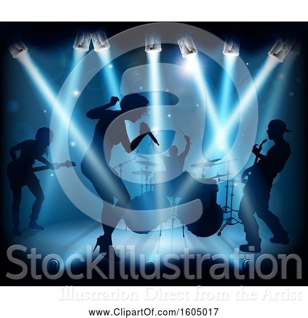 Vector Illustration of Silhouetted Band in Action on Stage in Blue Lighting