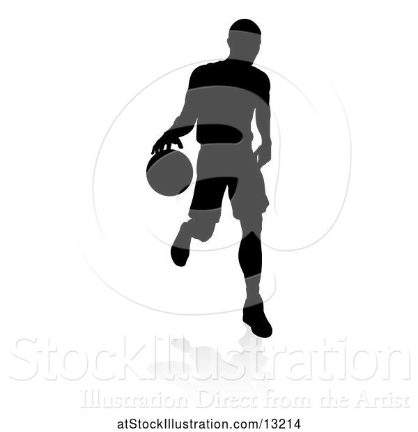 Vector Illustration of Silhouetted Basketball Player Dribbling, with a Reflection or Shadow, on a White Background