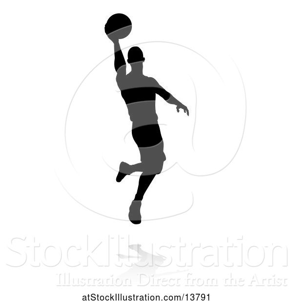 Vector Illustration of Silhouetted Basketball Player Slam Dunking, with a Reflection or Shadow