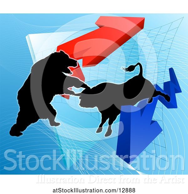 Vector Illustration of Silhouetted Bear Vs Bull Stock Market Design with Arrows over a Graph