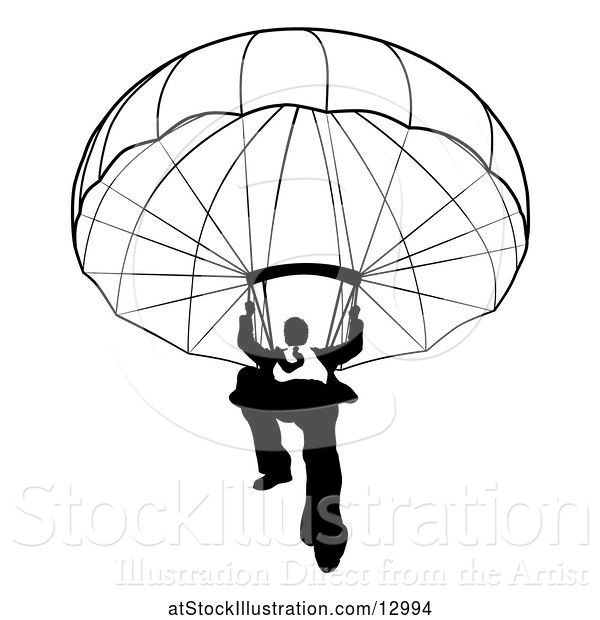 Vector Illustration of Silhouetted Black and White Businessman Parachuting