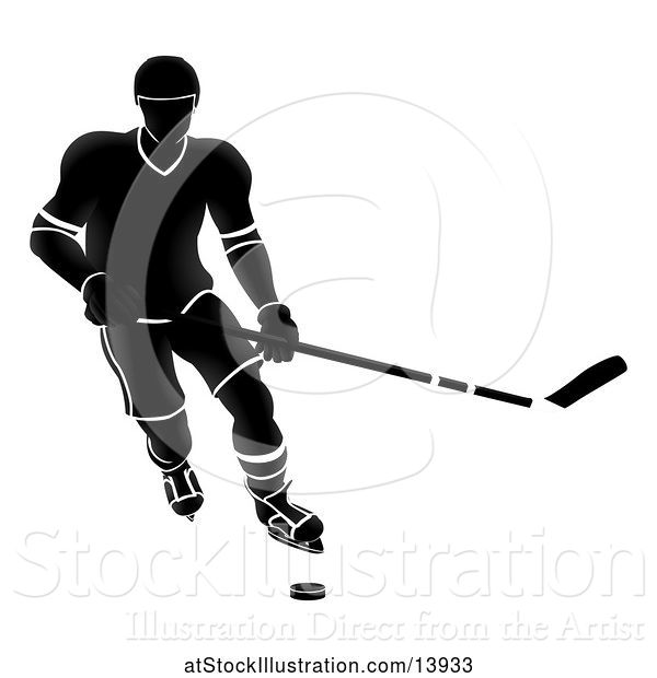 Vector Illustration of Silhouetted Black and White Ice Hockey Player