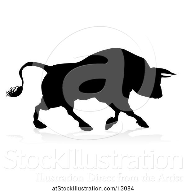 Vector Illustration of Silhouetted Black Bull Charging, with a Shadow on a White Background