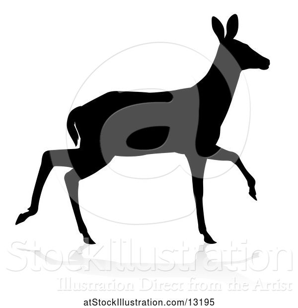 Vector Illustration of Silhouetted Black Silhouetted Deer Doe with a Shadow or Reflection, on a White Background