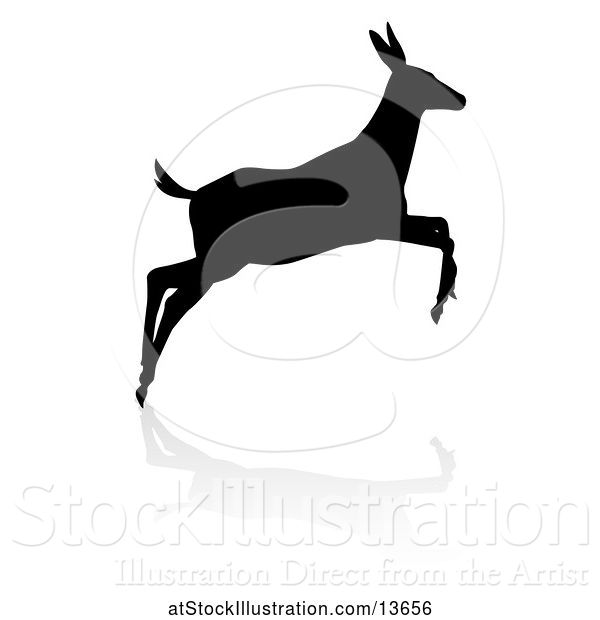 Vector Illustration of Silhouetted Black Silhouetted Deer Doe with a Shadow or Reflection, on a White Background